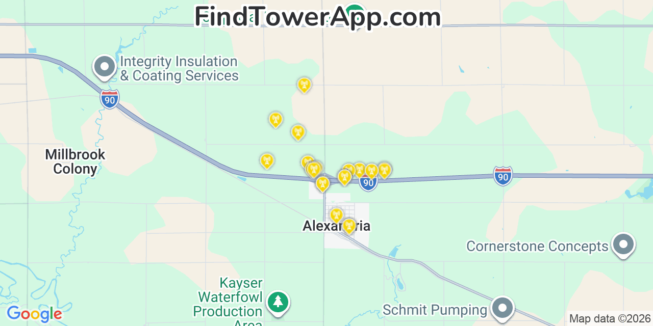 Map showing the 20 primary cell tower locations detected in Alexandria, South Dakota from AT&T, Verizon, and T-Mobile networks