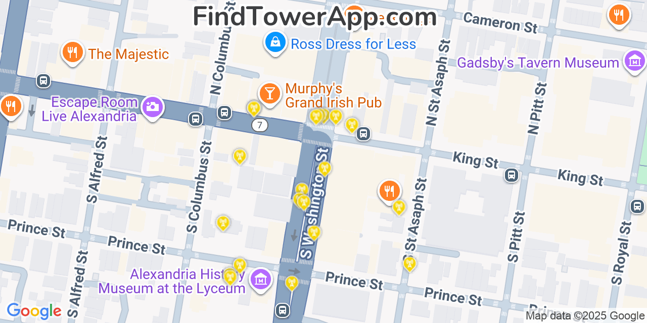 Map showing the 20 primary cell tower locations detected in Alexandria, Virginia from AT&T, Verizon, and T-Mobile networks