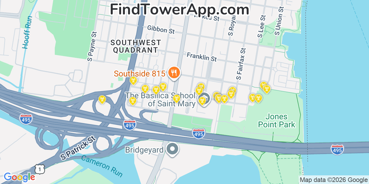 Map showing the 20 primary cell tower locations detected in Alexandria, Virginia from AT&T, Verizon, and T-Mobile networks