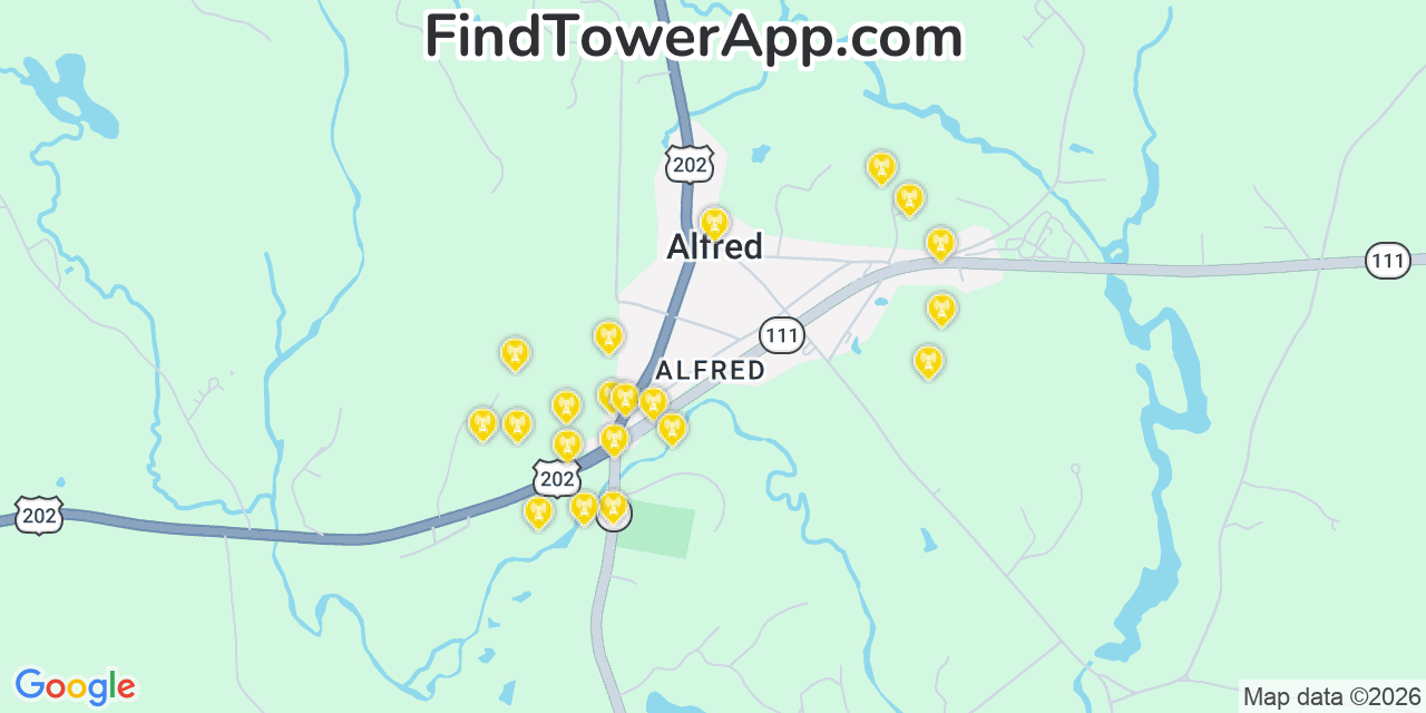 Map showing the 20 primary cell tower locations detected in Alfred, Maine from AT&T, Verizon, and T-Mobile networks