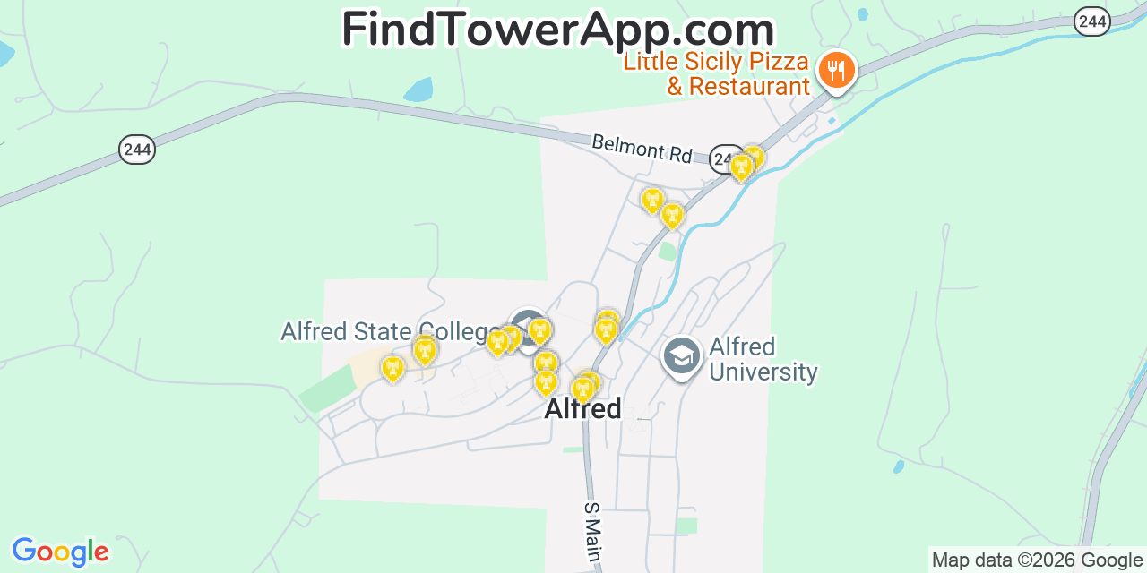 Map showing the 20 primary cell tower locations detected in Alfred, New York from AT&T, Verizon, and T-Mobile networks