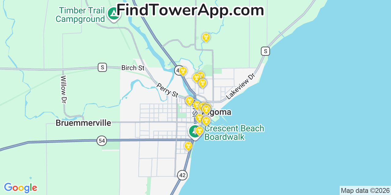 Map showing the 20 primary cell tower locations detected in Algoma, Wisconsin from AT&T, Verizon, and T-Mobile networks