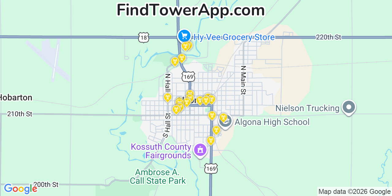 Map showing the 20 primary cell tower locations detected in Algona, Iowa from AT&T, Verizon, and T-Mobile networks