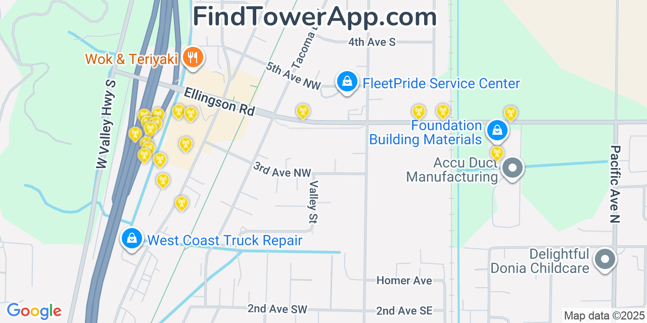 Map showing the 20 primary cell tower locations detected in Algona, Washington from AT&T, Verizon, and T-Mobile networks