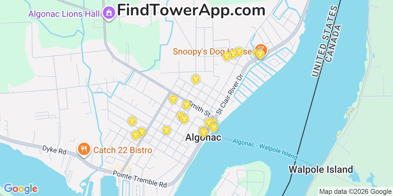 Map showing the 20 primary cell tower locations detected in Algonac, Michigan from AT&T, Verizon, and T-Mobile networks
