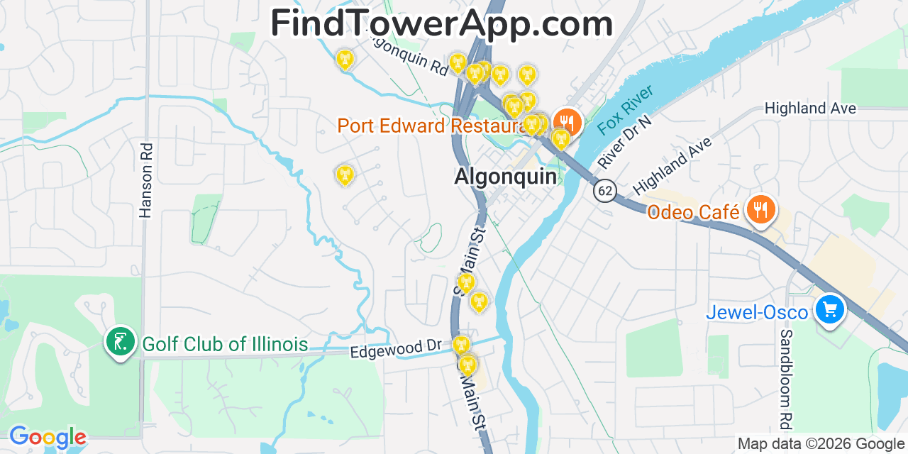 Map showing the 20 primary cell tower locations detected in Algonquin, Illinois from AT&T, Verizon, and T-Mobile networks