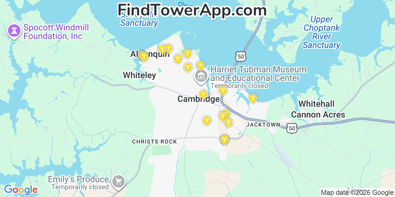 Map showing the 20 primary cell tower locations detected in Algonquin, Maryland from AT&T, Verizon, and T-Mobile networks