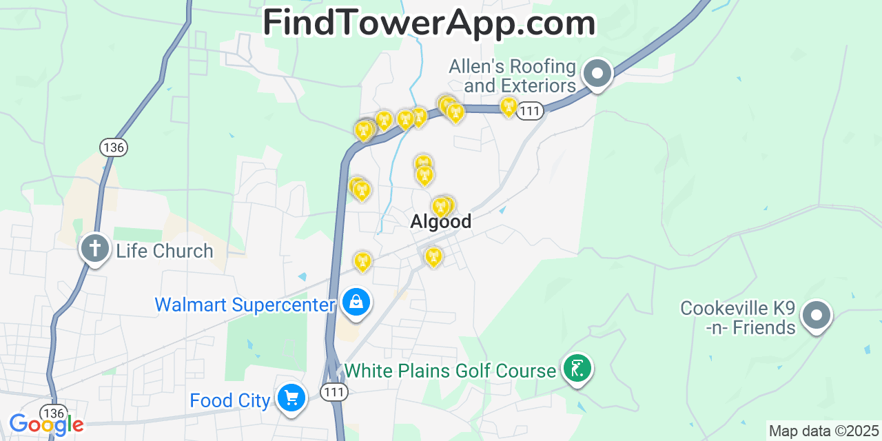 Map showing the 20 primary cell tower locations detected in Algood, Tennessee from AT&T, Verizon, and T-Mobile networks