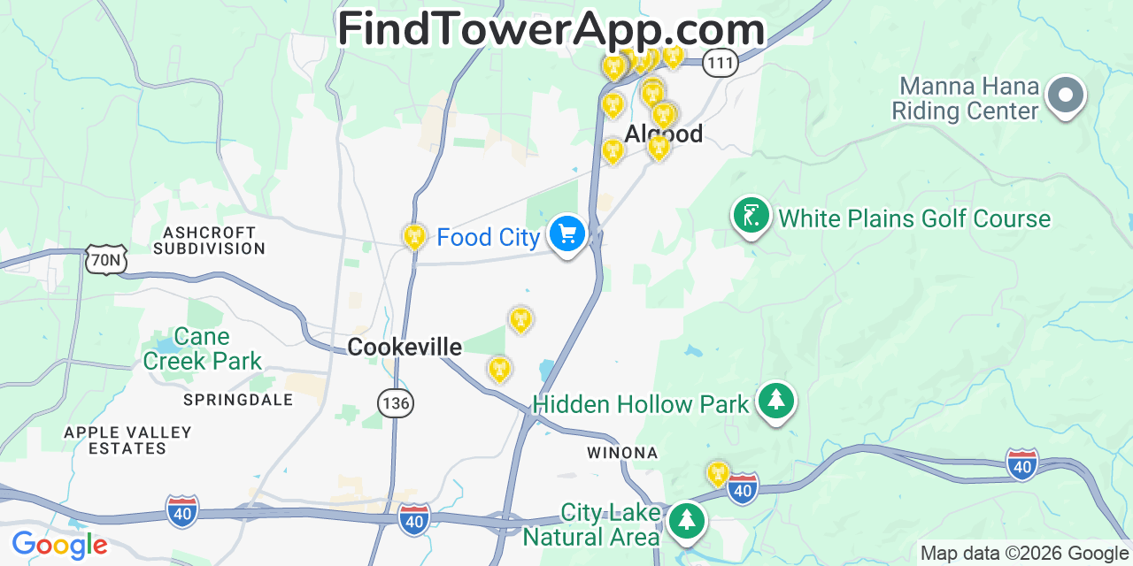 Map showing the 20 primary cell tower locations detected in Algood, Tennessee from AT&T, Verizon, and T-Mobile networks
