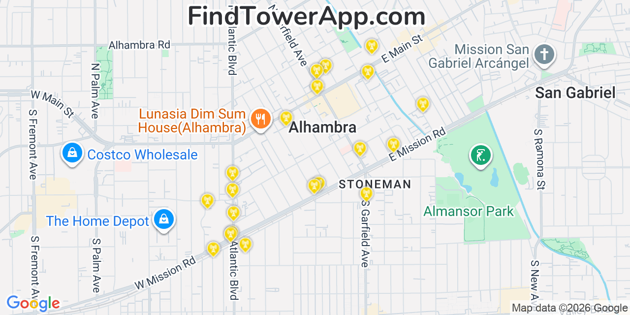 Map showing the 20 primary cell tower locations detected in Alhambra, California from AT&T, Verizon, and T-Mobile networks