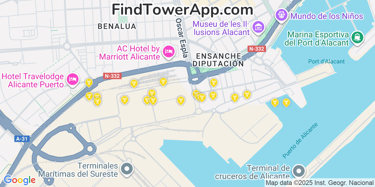 Map showing the 20 primary cell tower locations detected in Alicante, Spain with coverage areas and signal strength