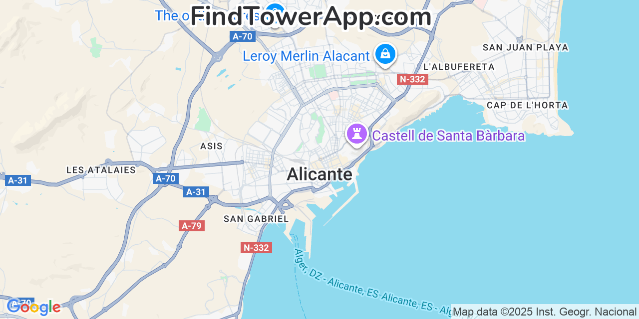 Map showing the 0 primary Movistar cell tower locations detected in Alicante, Spain with coverage radius and signal strength indicators