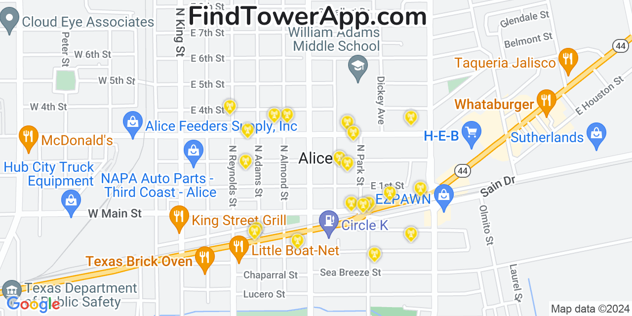 AT&T 4G/5G cell tower coverage map Alice, Texas