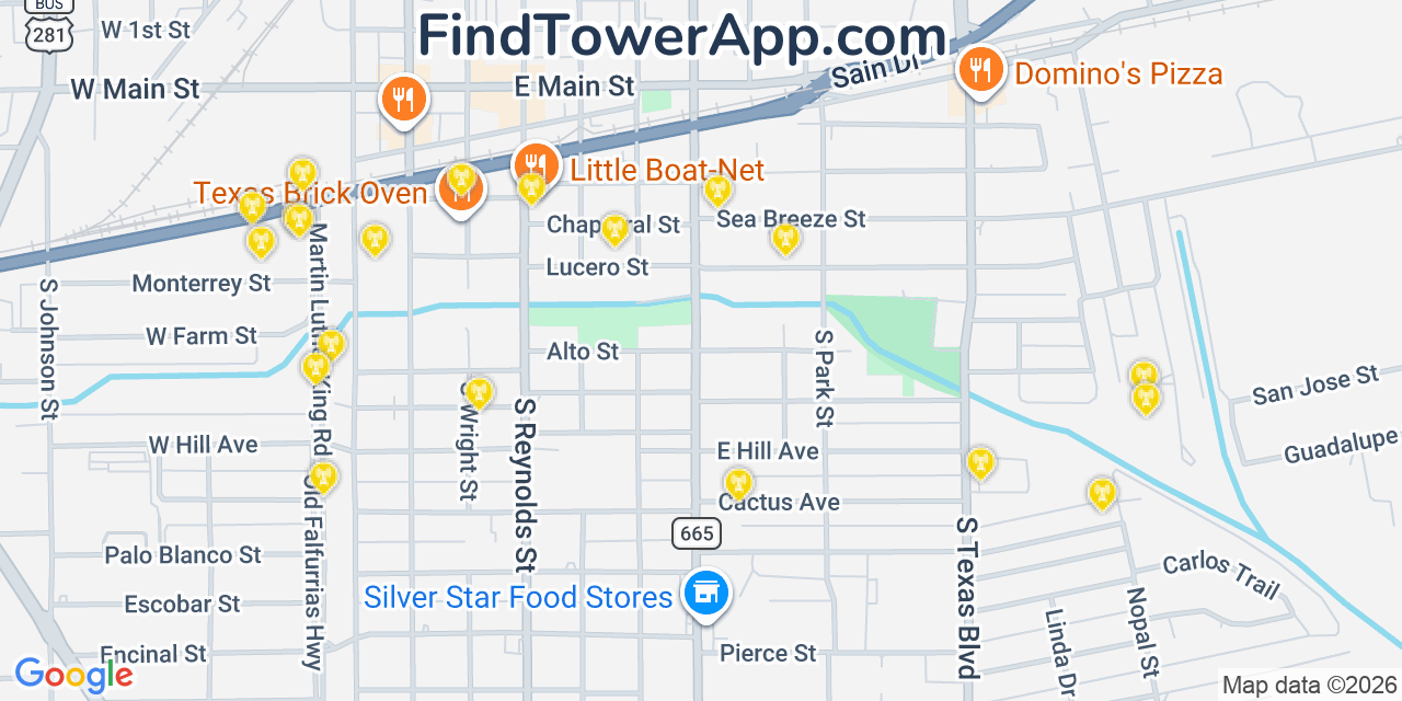 Map showing the 20 primary cell tower locations detected in Alice, Texas from AT&T, Verizon, and T-Mobile networks