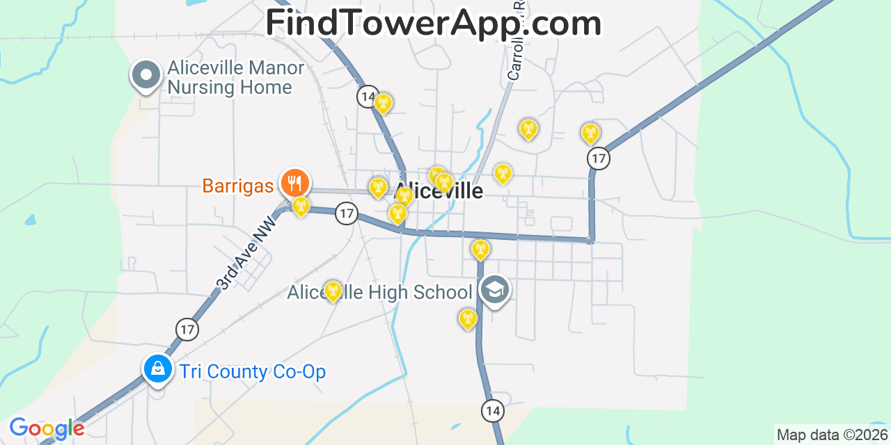 Map showing the 20 primary cell tower locations detected in Aliceville, Alabama from AT&T, Verizon, and T-Mobile networks