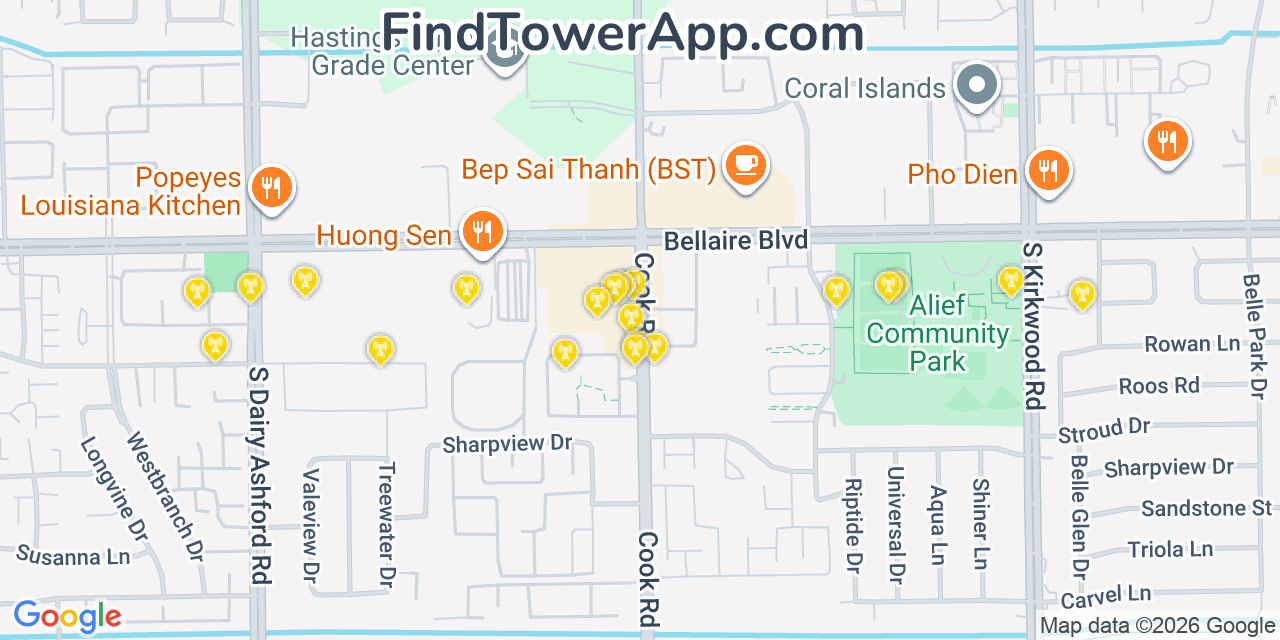 Map showing the 20 primary cell tower locations detected in Alief, Texas from AT&T, Verizon, and T-Mobile networks