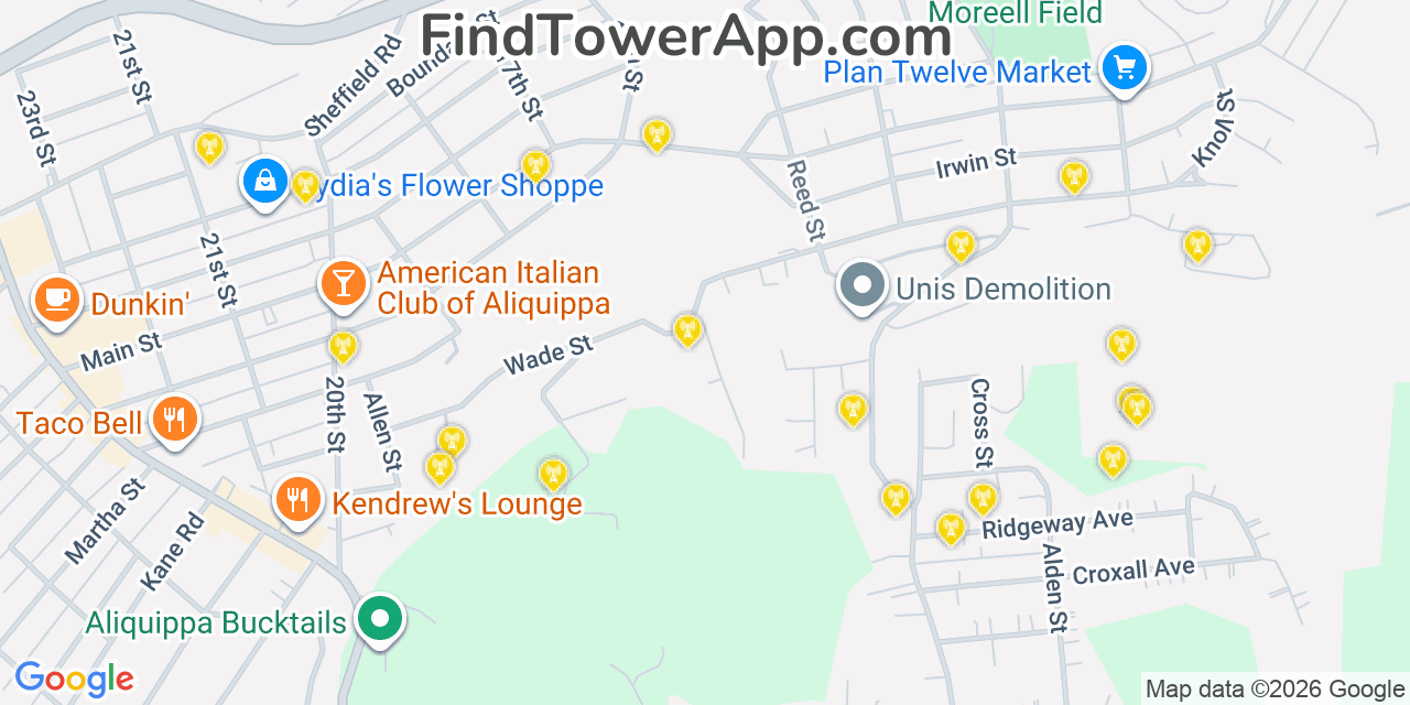 Map showing the 20 primary cell tower locations detected in Aliquippa, Pennsylvania from AT&T, Verizon, and T-Mobile networks