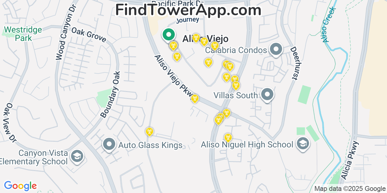 Map showing the 20 primary cell tower locations detected in Aliso Viejo, California from AT&T, Verizon, and T-Mobile networks