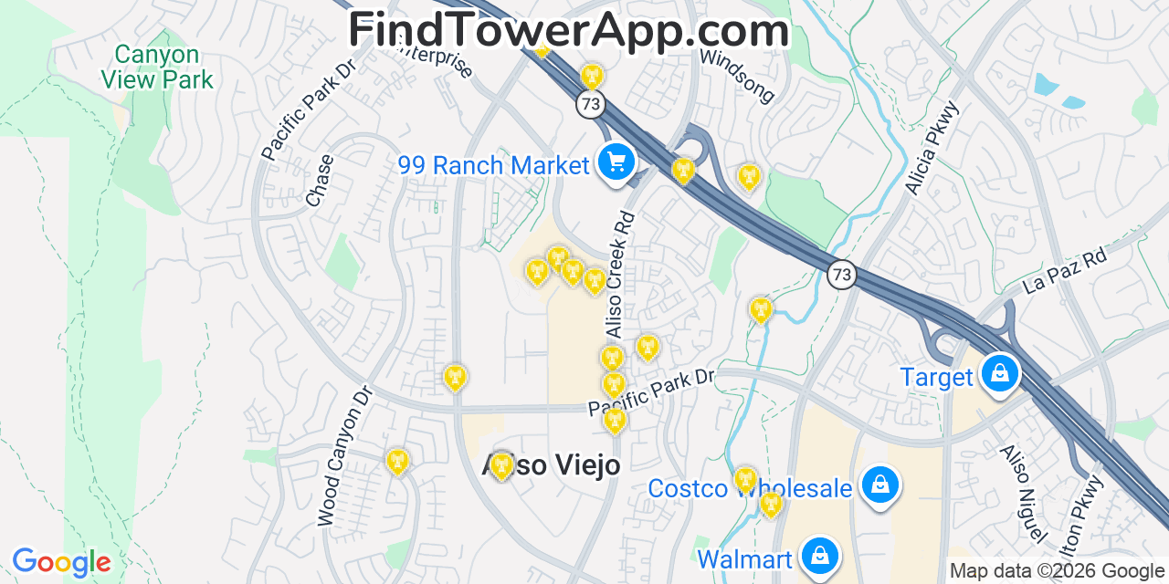 Map showing the 20 primary cell tower locations detected in Aliso Viejo, California from AT&T, Verizon, and T-Mobile networks