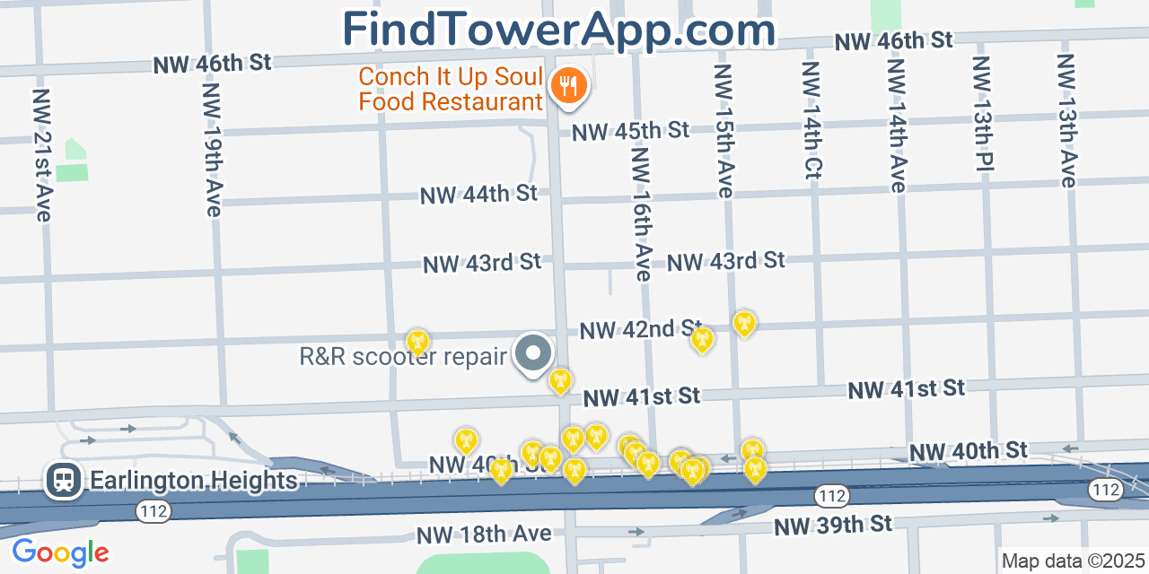 Map showing the 20 primary cell tower locations detected in Allapattah, Florida from AT&T, Verizon, and T-Mobile networks