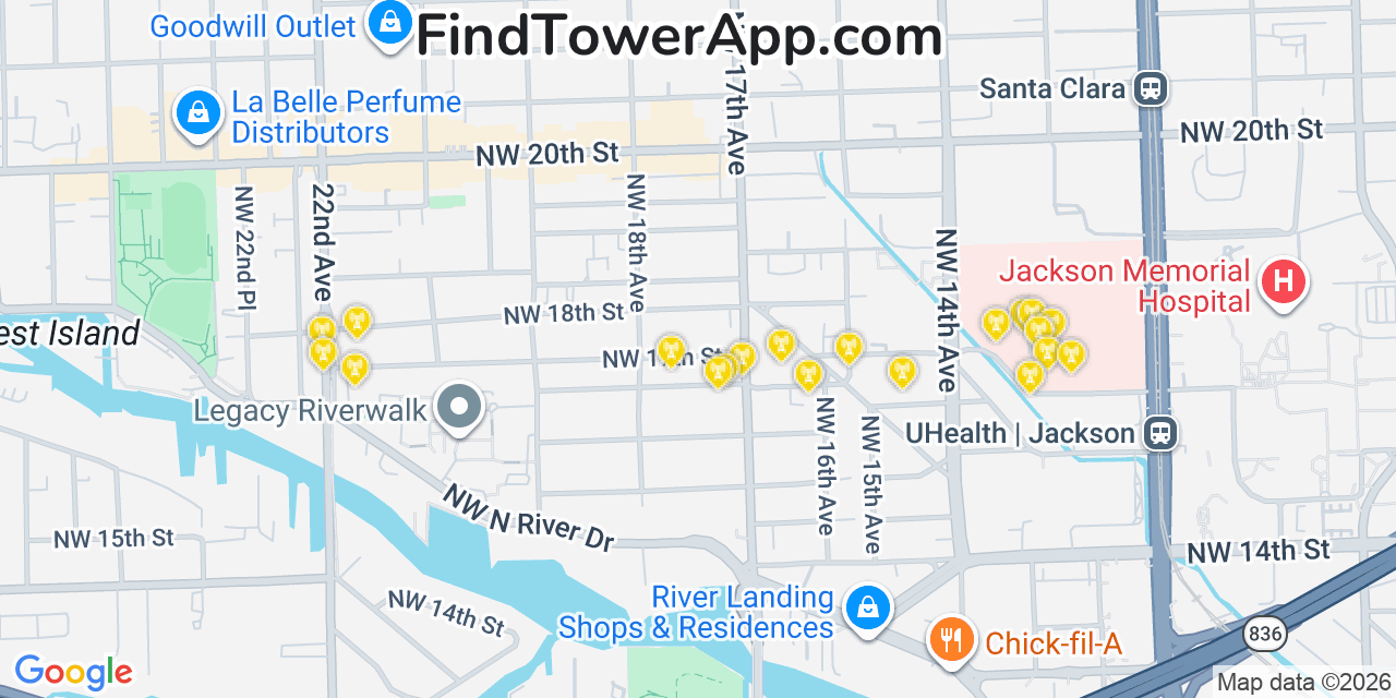 Map showing the 20 primary cell tower locations detected in Allapattah, Florida from AT&T, Verizon, and T-Mobile networks