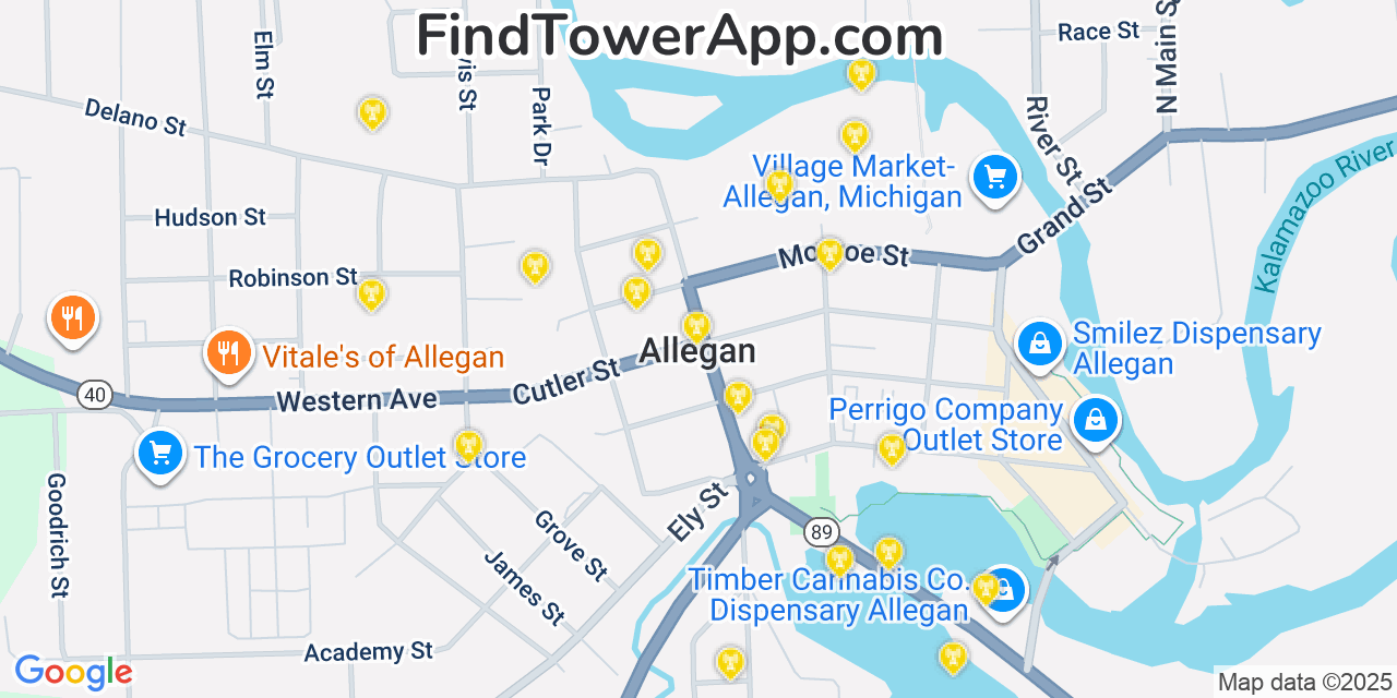 Map showing the 20 primary cell tower locations detected in Allegan, Michigan from AT&T, Verizon, and T-Mobile networks