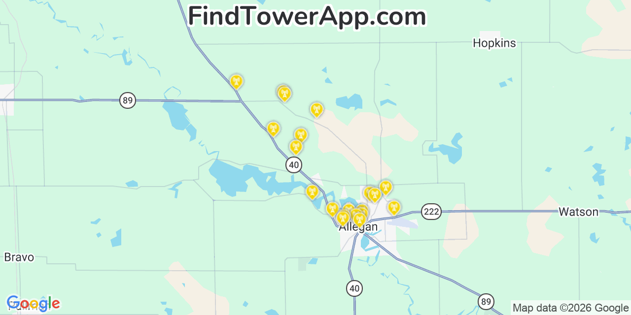 Map showing the 20 primary cell tower locations detected in Allegan, Michigan from AT&T, Verizon, and T-Mobile networks