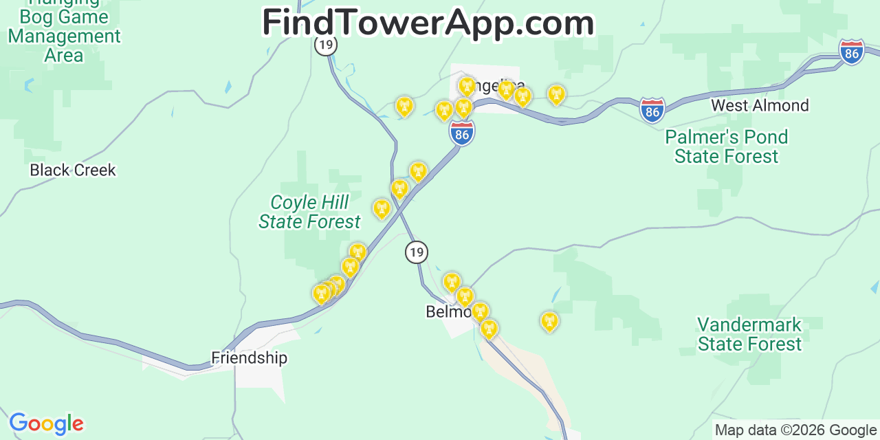 Map showing the 20 primary cell tower locations detected in Allegany, New York from AT&T, Verizon, and T-Mobile networks