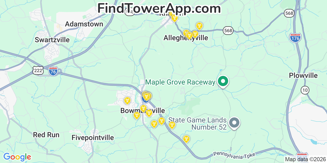 Map showing the 20 primary cell tower locations detected in Alleghenyville, Pennsylvania from AT&T, Verizon, and T-Mobile networks