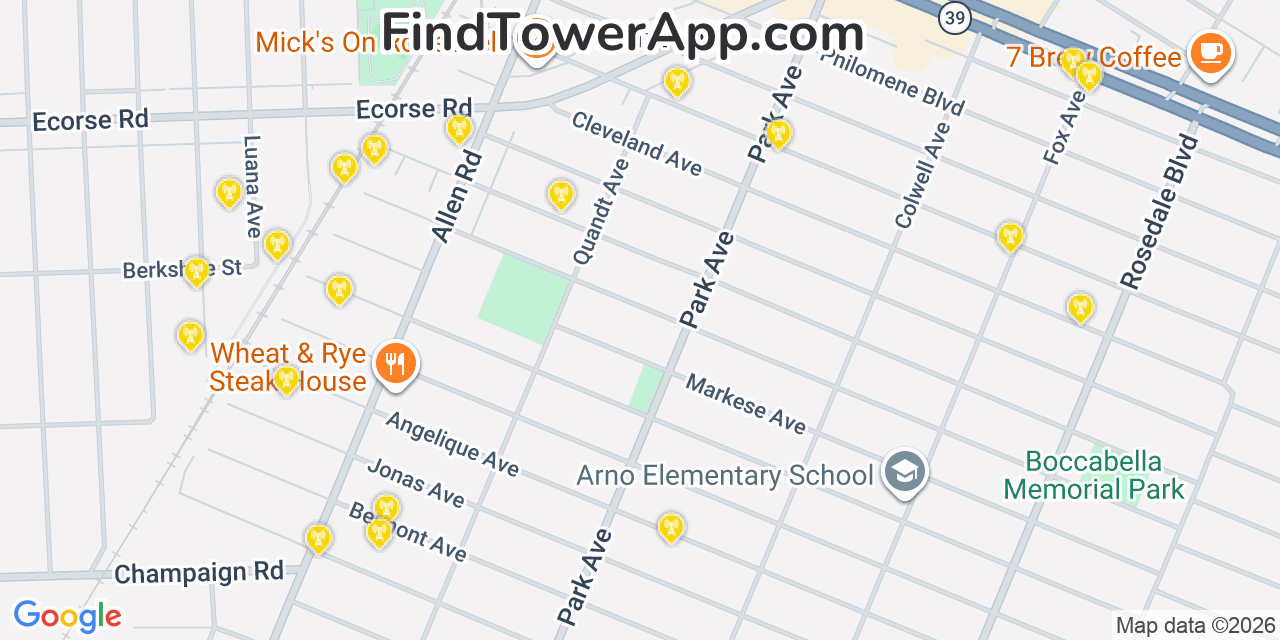Map showing the 20 primary cell tower locations detected in Allen Park, Michigan from AT&T, Verizon, and T-Mobile networks