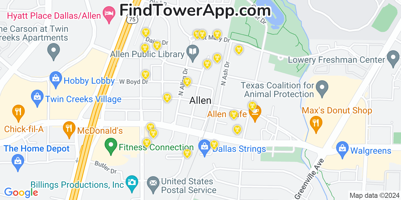 AT&T 4G/5G cell tower coverage map Allen, Texas