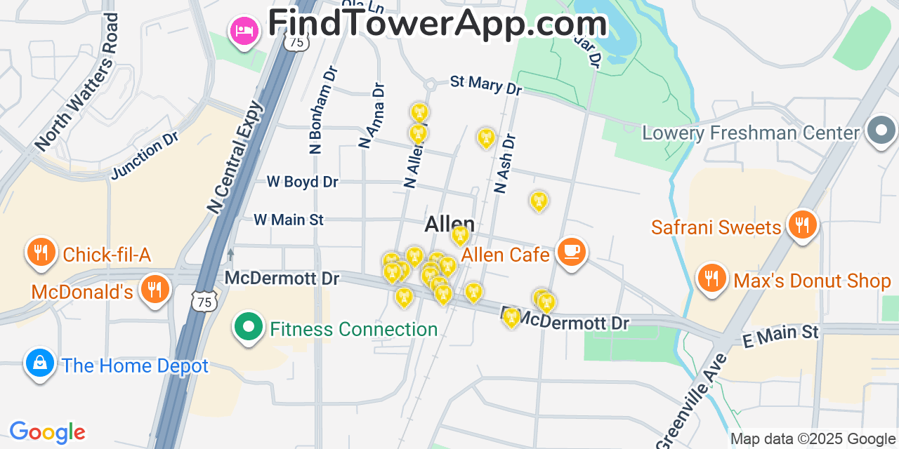Map showing the 20 primary cell tower locations detected in Allen, Texas from AT&T, Verizon, and T-Mobile networks
