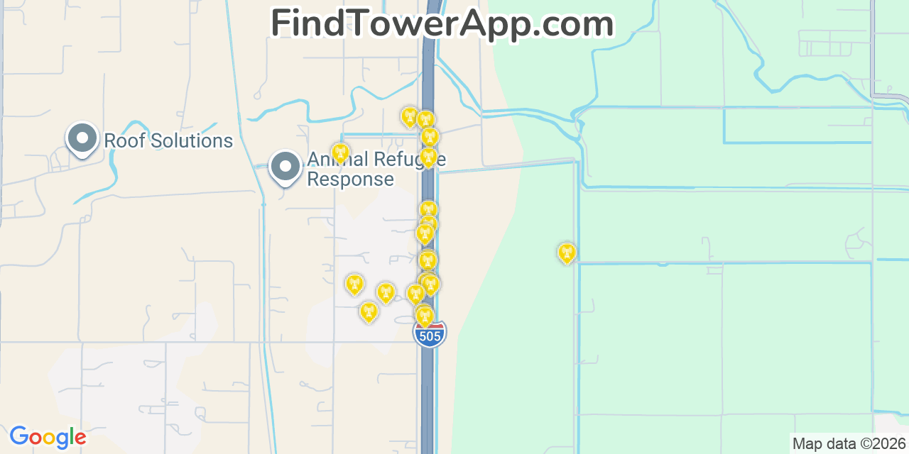 Map showing the 20 primary cell tower locations detected in Allendale, California from AT&T, Verizon, and T-Mobile networks