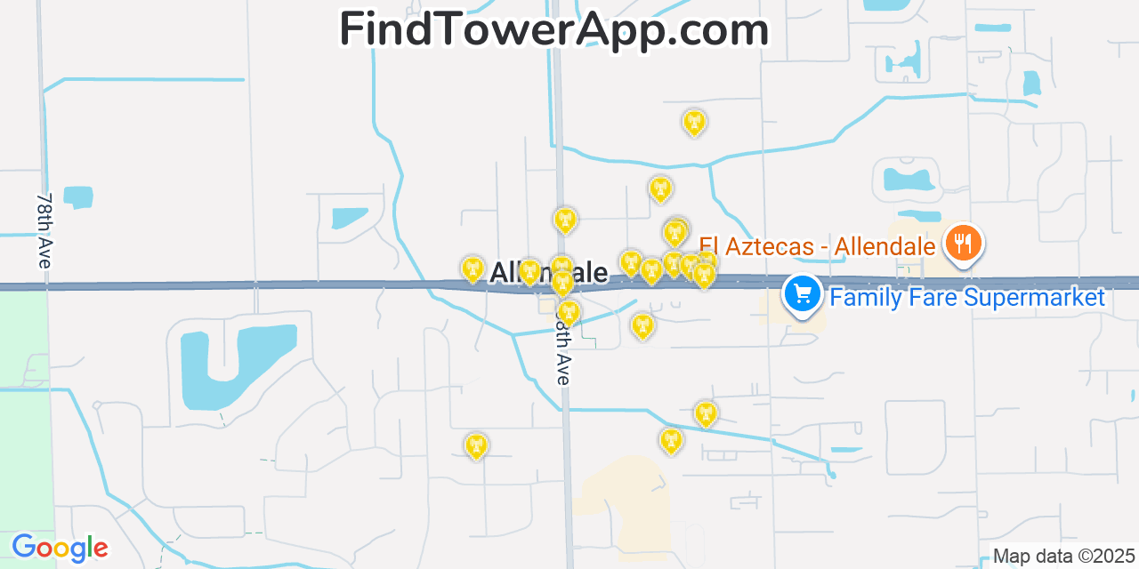 Map showing the 20 primary cell tower locations detected in Allendale, Michigan from AT&T, Verizon, and T-Mobile networks