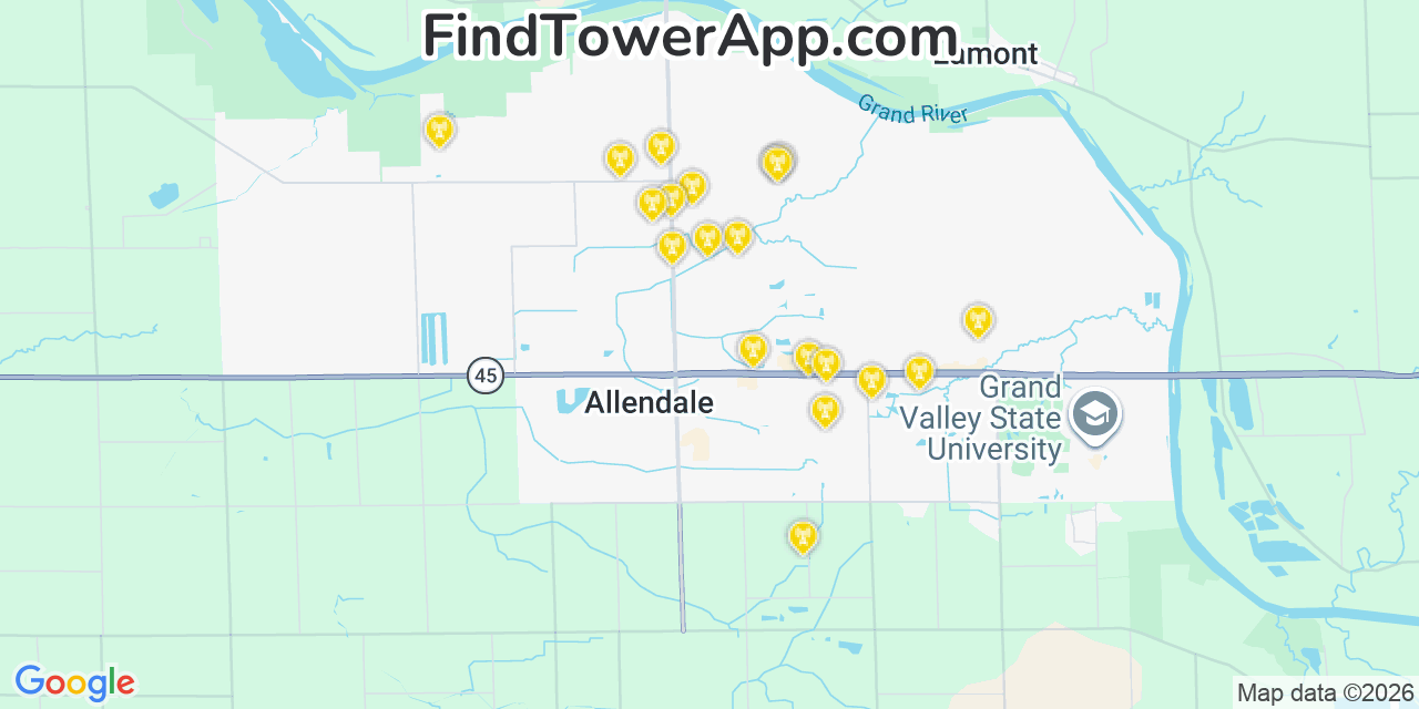 Map showing the 20 primary cell tower locations detected in Allendale, Michigan from AT&T, Verizon, and T-Mobile networks
