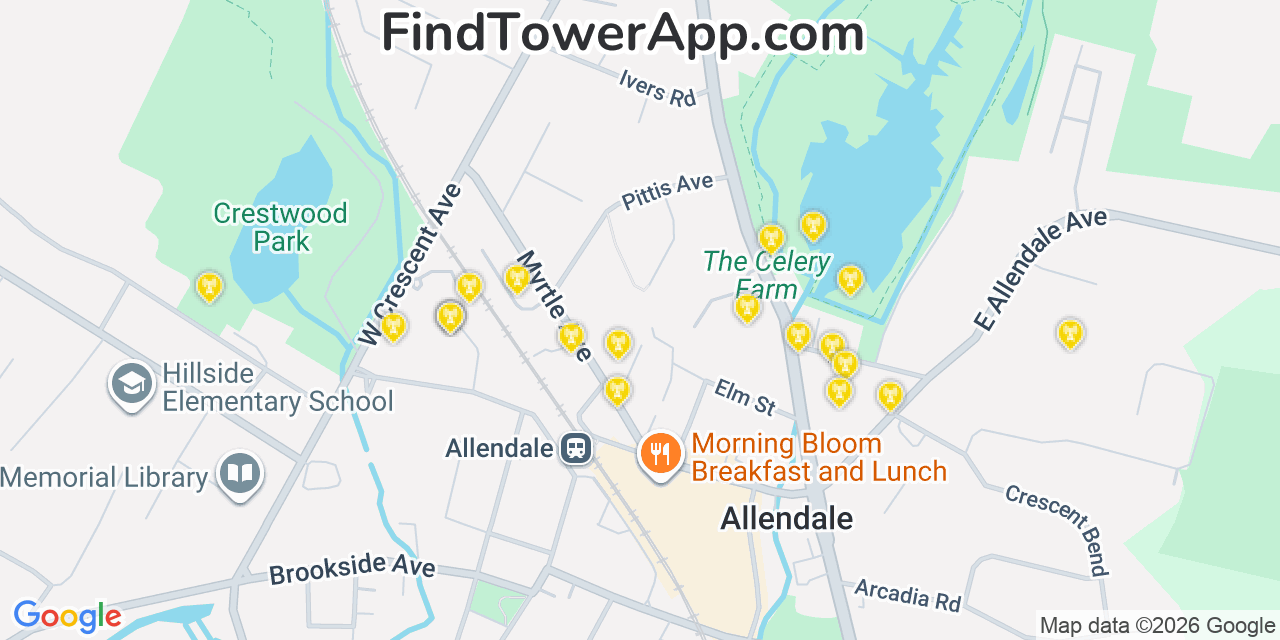 Map showing the 20 primary cell tower locations detected in Allendale, New Jersey from AT&T, Verizon, and T-Mobile networks