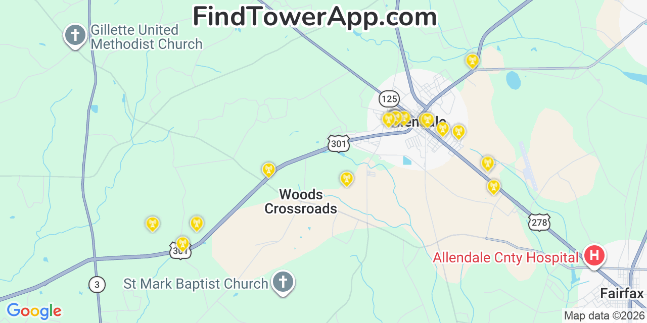 Map showing the 20 primary cell tower locations detected in Allendale, South Carolina from AT&T, Verizon, and T-Mobile networks