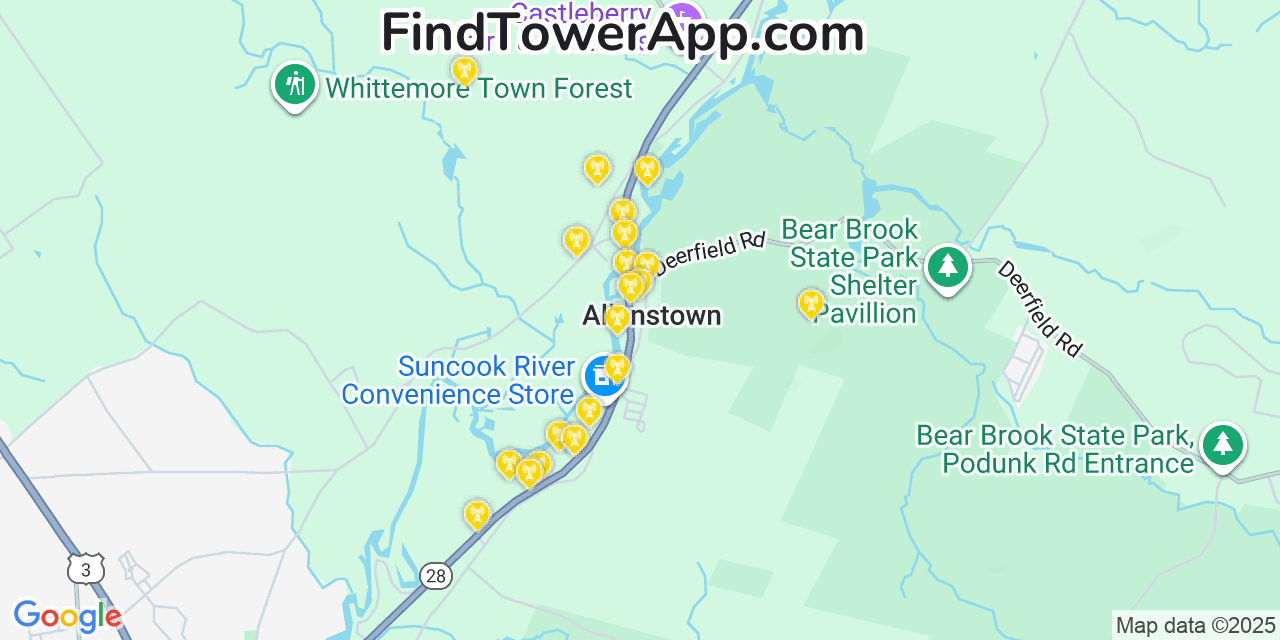 Map showing the 20 primary cell tower locations detected in Allenstown, New Hampshire from AT&T, Verizon, and T-Mobile networks