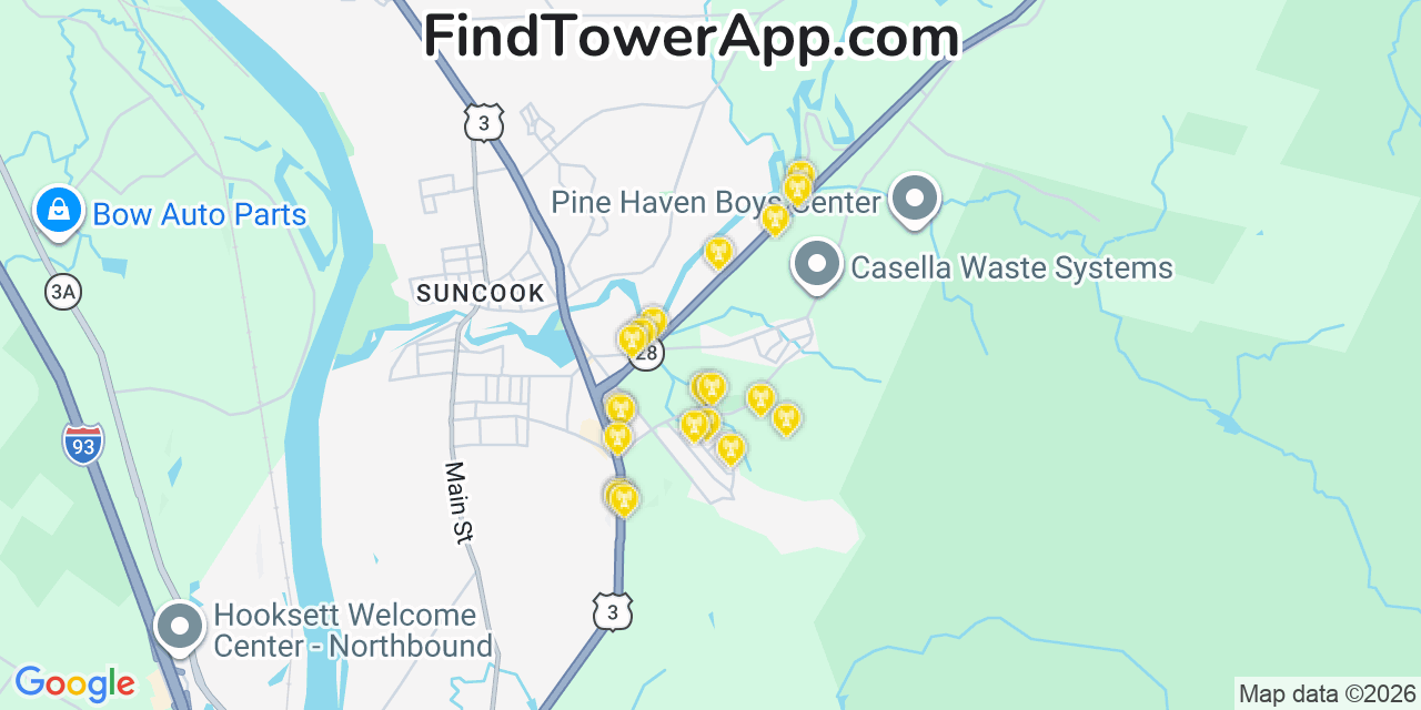 Map showing the 20 primary cell tower locations detected in Allenstown, New Hampshire from AT&T, Verizon, and T-Mobile networks