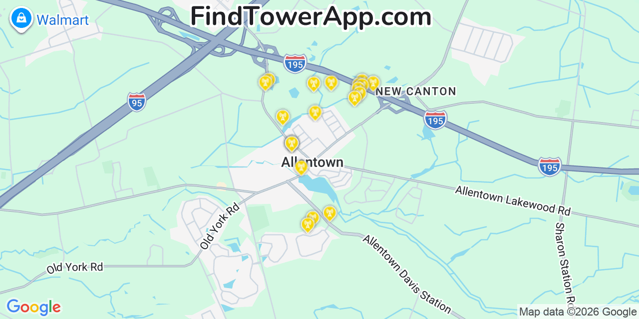 Map showing the 20 primary cell tower locations detected in Allentown, New Jersey from AT&T, Verizon, and T-Mobile networks