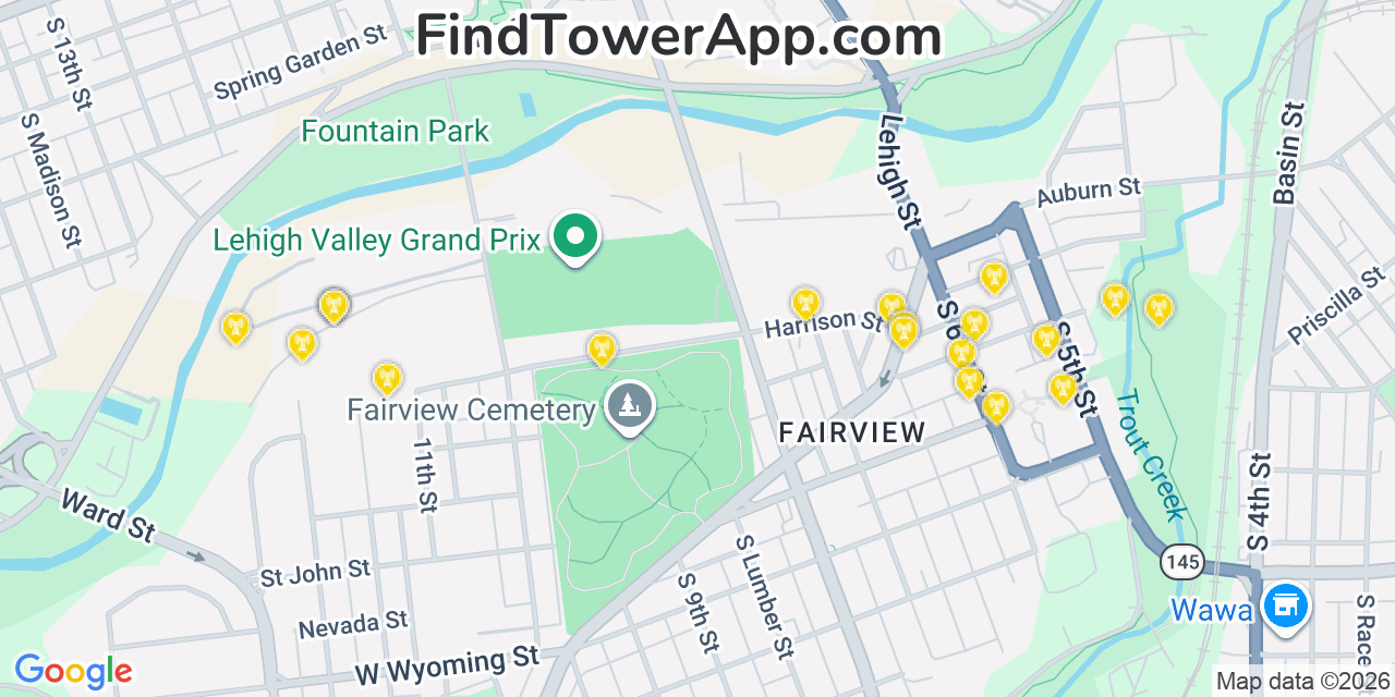 Map showing the 20 primary cell tower locations detected in Allentown, Pennsylvania from AT&T, Verizon, and T-Mobile networks