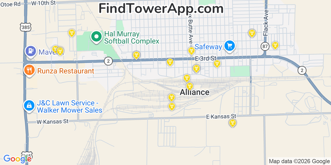 Map showing the 20 primary cell tower locations detected in Alliance, Nebraska from AT&T, Verizon, and T-Mobile networks