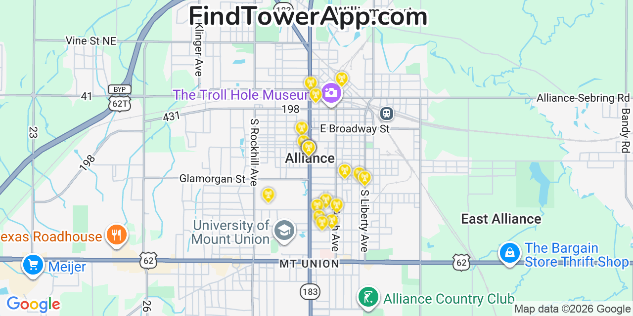 Map showing the 20 primary cell tower locations detected in Alliance, Ohio from AT&T, Verizon, and T-Mobile networks