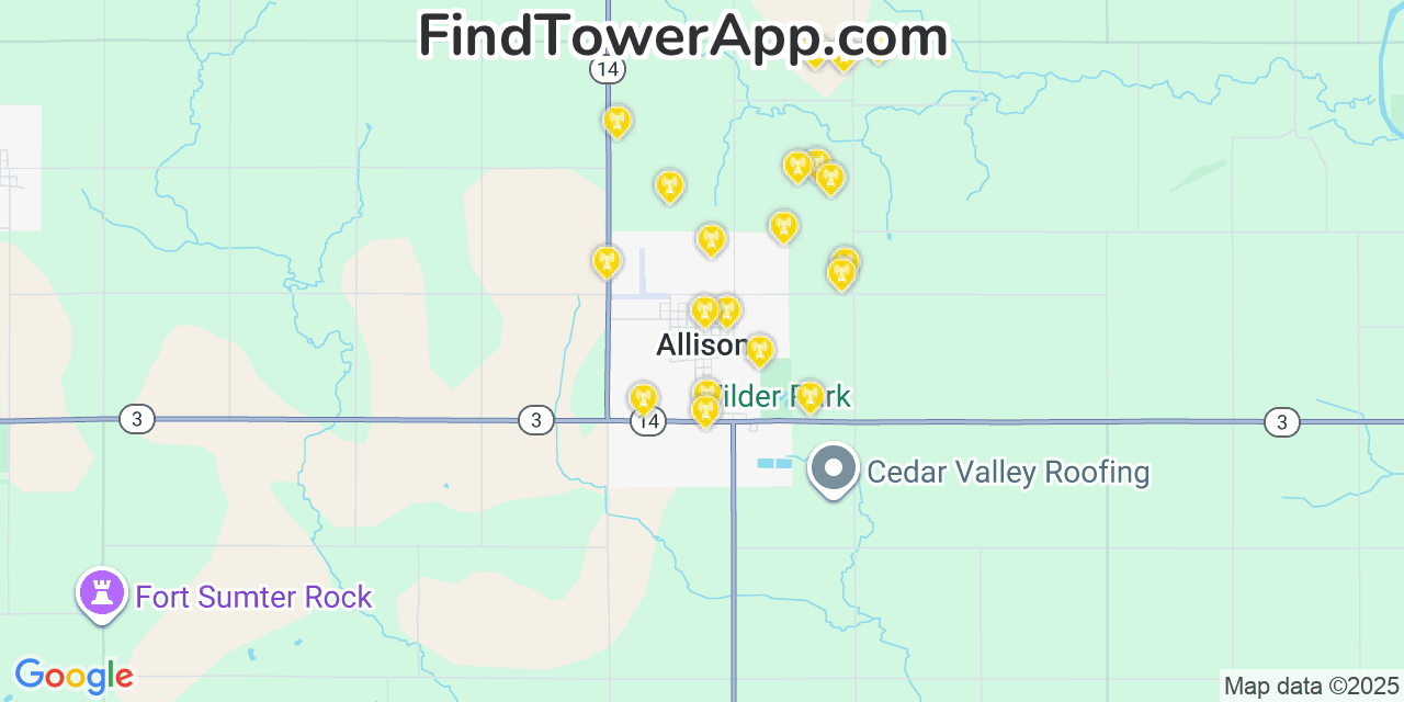 Map showing the 20 primary cell tower locations detected in Allison, Iowa from AT&T, Verizon, and T-Mobile networks