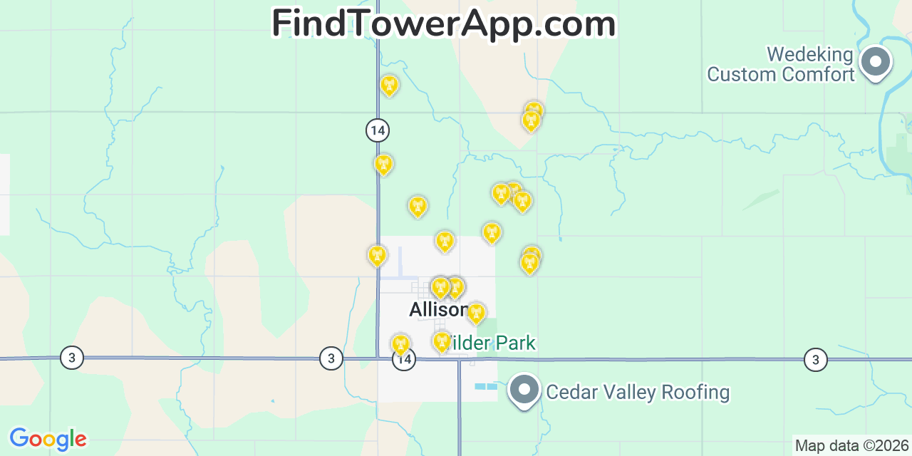 Map showing the 20 primary cell tower locations detected in Allison, Iowa from AT&T, Verizon, and T-Mobile networks