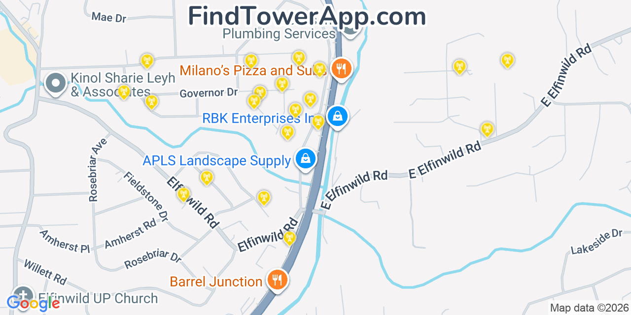 Map showing the 20 primary cell tower locations detected in Allison Park, Pennsylvania from AT&T, Verizon, and T-Mobile networks