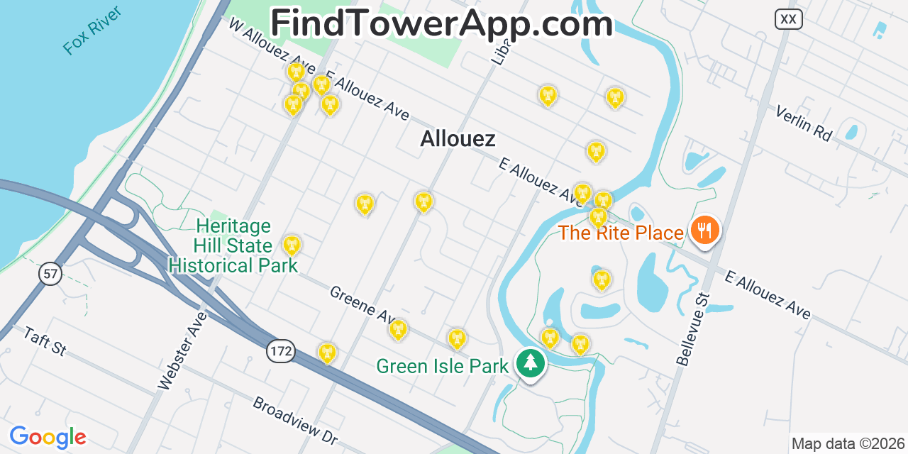 Map showing the 20 primary cell tower locations detected in Allouez, Wisconsin from AT&T, Verizon, and T-Mobile networks