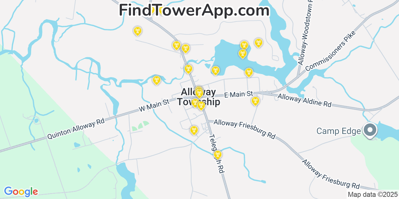 Map showing the 20 primary cell tower locations detected in Alloway, New Jersey from AT&T, Verizon, and T-Mobile networks