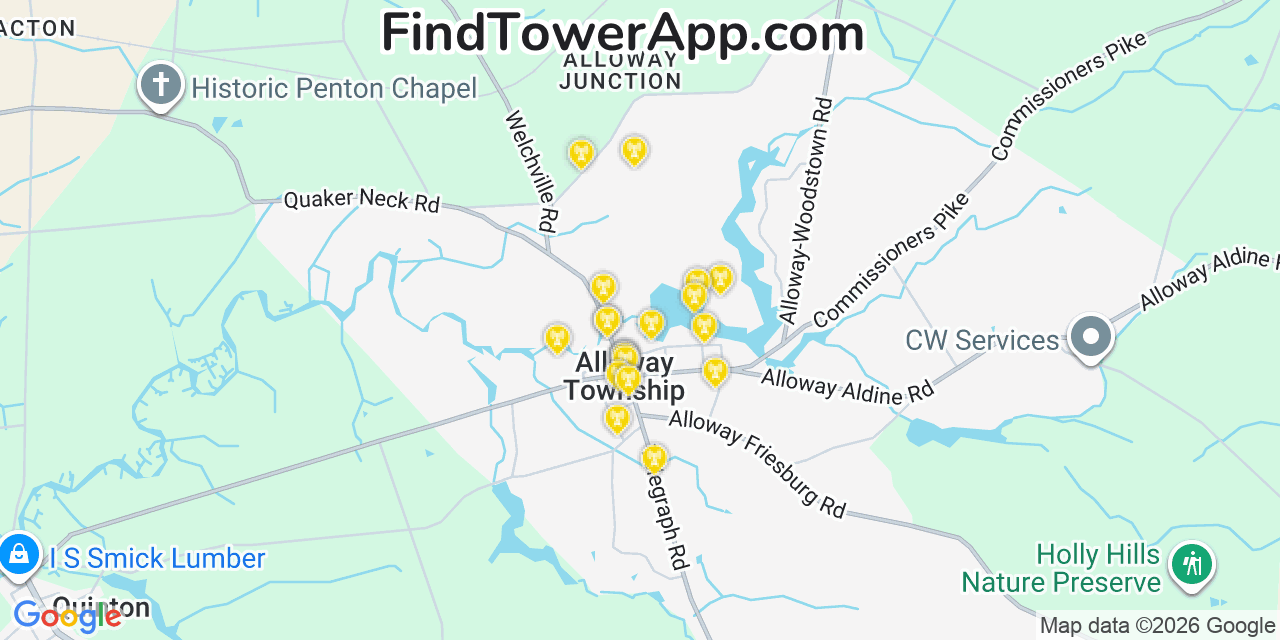 Map showing the 20 primary cell tower locations detected in Alloway, New Jersey from AT&T, Verizon, and T-Mobile networks