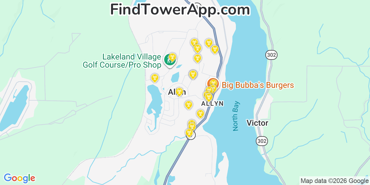 Map showing the 20 primary cell tower locations detected in Allyn, Washington from AT&T, Verizon, and T-Mobile networks